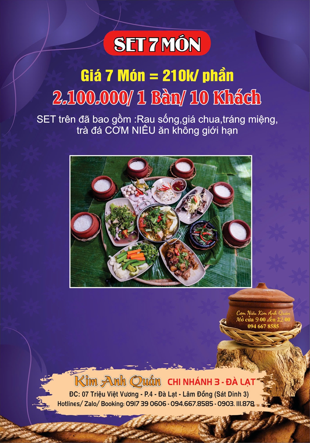 Set 7 món cơm niêu Đà Lạt tại Kim Anh Quán ăn no, ăn ngon, ăn không giới hạn